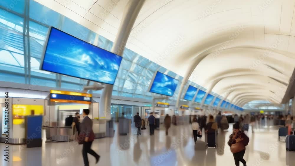 Aufkleber Passengers are walking through a modern airport terminal with large screens displaying blue sky images. The terminal is bright and airy with a high ceiling