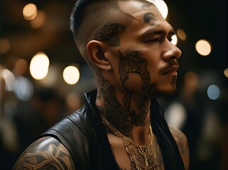 Scary Man Covered in Tattoos, Staring and Wearing a Gold Necklace and Earring, in a Profile Portrait with a Black Sleeveless Leather Jacket