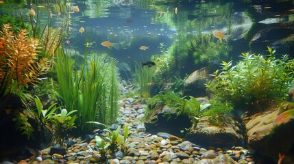 Underwater Scene with Vibrant Aquatic Plants and Fish