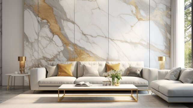Elegant Interior Design with White and Gold Marble Wall - Made with Generative AI