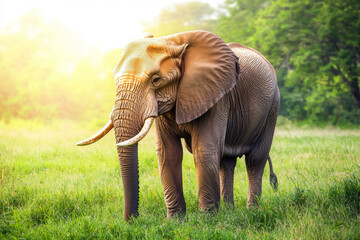 Fototapeta premium A majestic elephant stands gracefully in a sunlit meadow, showcasing the beauty of wildlife in its natural habitat.