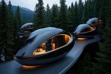 A futuristic forest city with sleek buildings intertwined with trees, where nature and technology coexist harmoniously in a utopian landscape