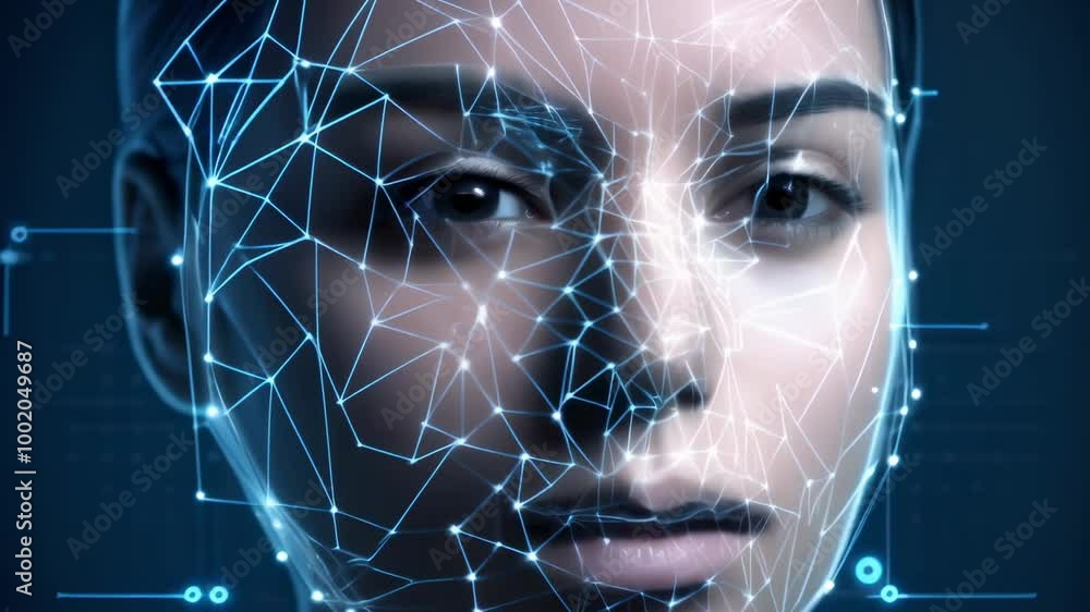 Poster Woman face is being scanned by a facial recognition system, creating a futuristic concept about artificial intelligence, biometric authentication, and data security