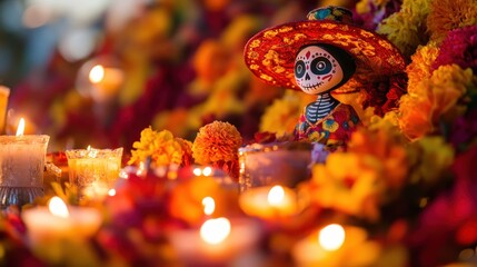 Naklejka premium A Catrina figure with colorful flowers and glowing candles embodies festive spirit