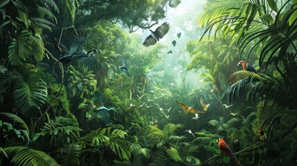 Lush Jungle with Colorful Birds in Tropical Paradise
