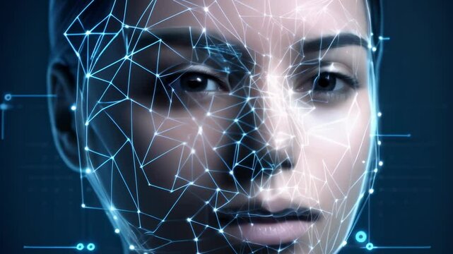 Woman face is being scanned by a facial recognition system, creating a futuristic concept about artificial intelligence, biometric authentication, and data security