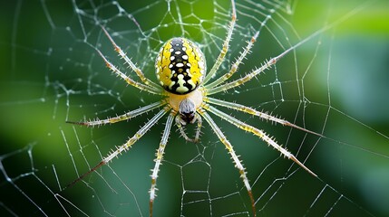 a close-up of a spider sitting in the center of its web. The spider has a striking appearance with a bright yellow and black pattern on its body. Its legs are long and slender, with a mix of yellow an