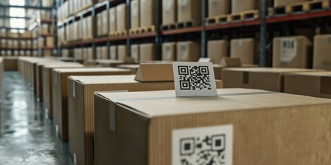 Warehouse with cardboard boxes and QR code label