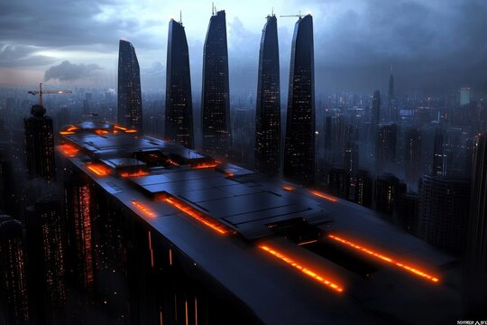 A futuristic urban megacity under construction, with towering skyscrapers, glowing bridges, and massive cranes building the city of tomorrow