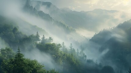 Obraz premium Serene Misty Forest Landscape at Dawn
