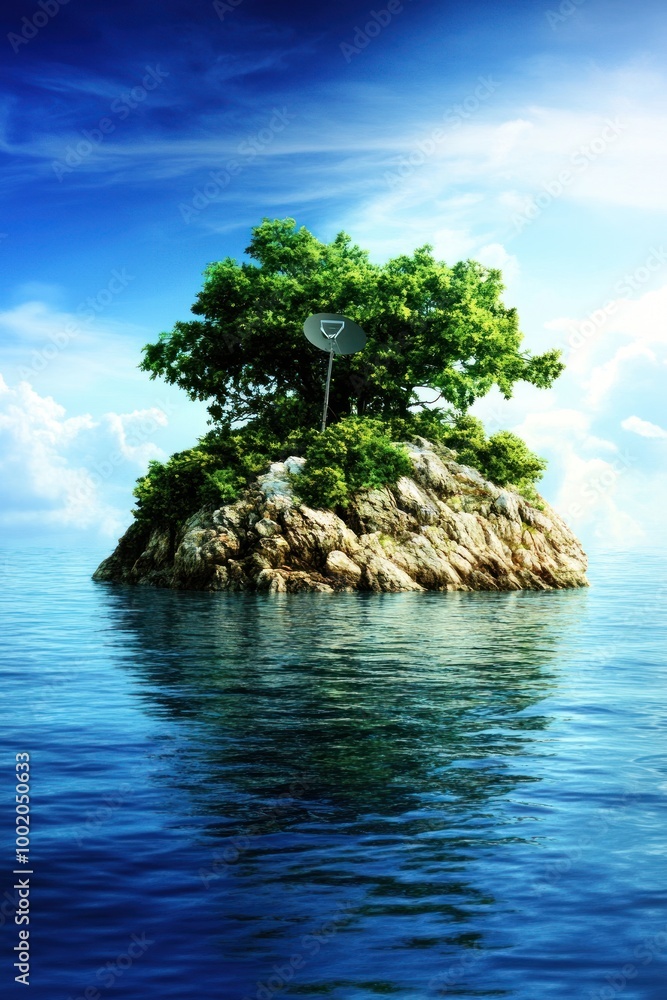 Canvas Prints A small island with a single tree and a heart-shaped sign in a blue sky and turquoise sea.