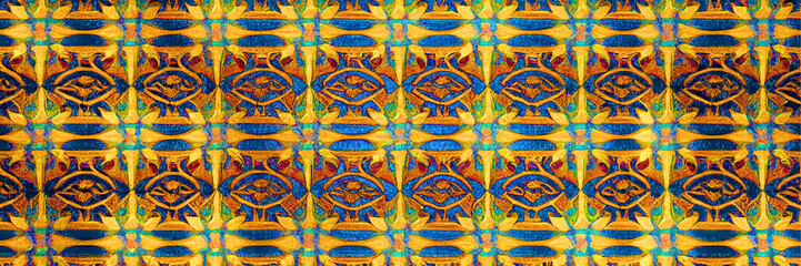 Abstract Pattern Textures - Blue and Gold Geometric, Ornate Eye Symbol, Elegant Floral Motifs, Repetitive Designs, Perfect for Wallpapers, Fabric Prints, and Backgrounds.