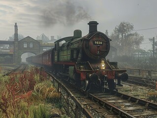 Naklejka premium Vintage Steam Train Leaving the Station in Fog