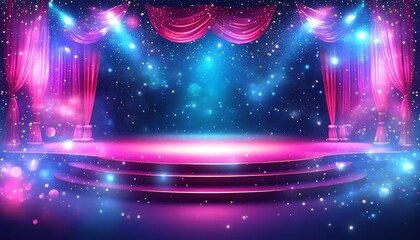 Magic theater stage with colorful curtains and spotlight shining on the center. Perfect for Christmas or New Year&rsquo;s events, and holiday concerts. Made with Generative AI Technology