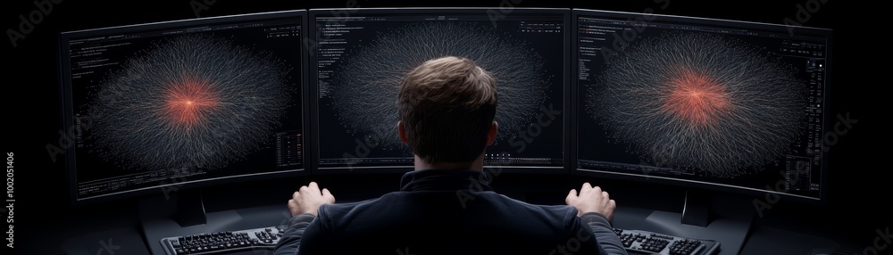 Poster a focused individual analyzes data on multiple monitors in a dark environment, showcasing modern tec