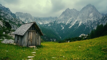 Obraz premium A serene wooden cabin in a lush green valley surrounded by majestic mountains.