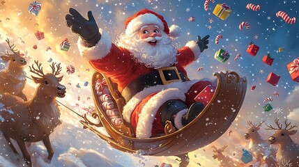 Santa Claus flying in his sleigh with reindeer, surrounded by candy canes and snowflakes, colorful gifts falling from the sleigh, cute cartoon style, vibrant colors, playful winter night scene,