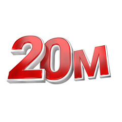 3d sales red and white price tag of two hundred million or 20m isolated on transparent background, 20 million followers thank you