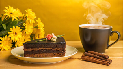 A comforting café scene with chocolate cake, cappuccino, and flowers, enhanced by warm lighting and rising steam.