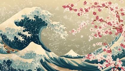 Cherry blossom and waves background. Japanese floral art background. Oriental landscape background. Traditional Japanese watercolor painting of a serene landscape.