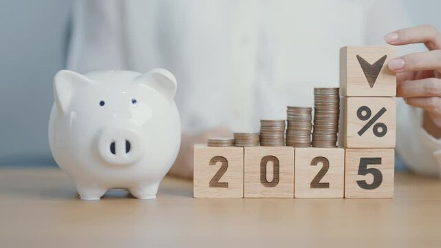 2025 New year with percentage change to UP and Down arrow with coin stack. Interest rate, GDP, stocks market, financial, deflation and Inflation, mortgage, debt, Loan and Economic Recession