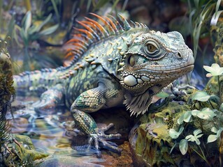 Fototapeta premium Green Iguana in Lush Rainforest - Close Up Portrait
