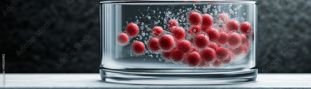 Aufkleber close-up of red spheres submerged in clear liquid, creating bubbles and reflections, showcasing vibr