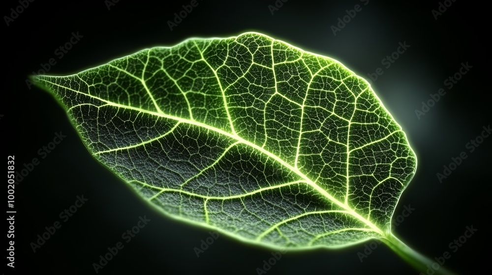 Poster close-up view of a leaf showcasing intricate vein patterns and vibrant colors against a dark backgro