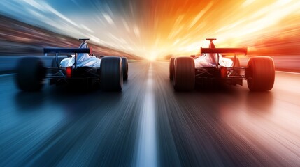 Dynamic race scene capturing the excitement of high-speed competition between two sleek racing cars on a blurred track.