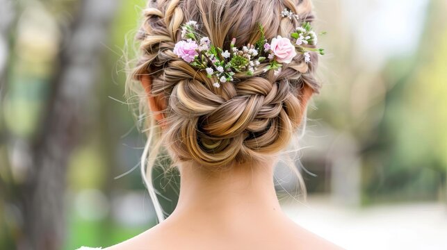 A close-up shot of a woman s intricate fishtail braid adorned with small fresh flowers