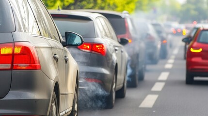 A line of cars in traffic emitting exhaust fumes on a city street.