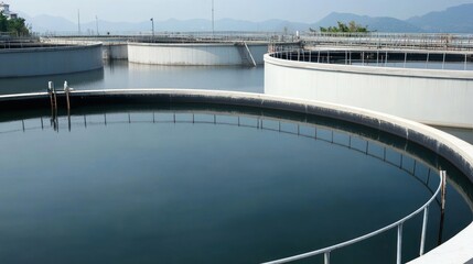 Fototapeta premium A water treatment facility with circular tanks for purification processes.