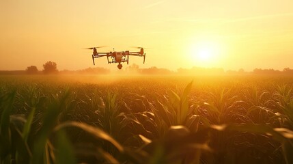 Fototapeta premium A high-tech drone spraying pesticide over a large cornfield, with the sunrise in the background.