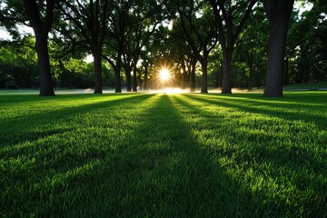 Obraz premium A quiet park at sunrise, with mist rising from the grass and sunlight breaking through the trees, casting soft shadows across the peaceful landscape