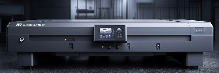 Industrial laser cutting machine with a large cutting table and a digital control panel.