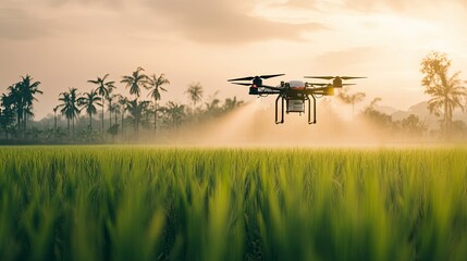 A modern agricultural drone flying low over a rice field, efficiently spraying pesticides