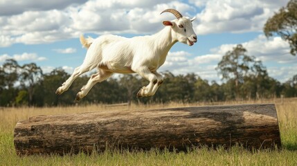 Obraz premium A playful Anglo-Nubian goat jumping over a wooden log in a meadow, capturing its energy and agility in motion.