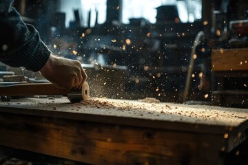 A carpenter using a mallet to hammer a piece of wood, sending wood shavings flying into the air.