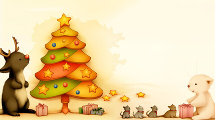 Festive animals gathered cheerfully by the Christmas tree, celebrating the holiday season