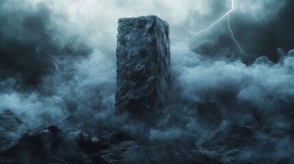 Stone pedestal in a sea of mystical smoke, highlighted by crackling lightning strikes, deep blacks and intense contrast, high detail