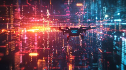 A drone flies over a futuristic cityscape with neon lights and digital data streams, evoking a cyberpunk aesthetic and high-tech surveillance theme.