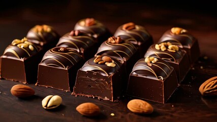 Delectable dark chocolate truffles with nuts prepared on a wooden surface