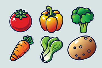 Vector vegetable assets for world vegetarian day. Tomatoes, peppers, broccoli, carrots, mustard greens and potatoes