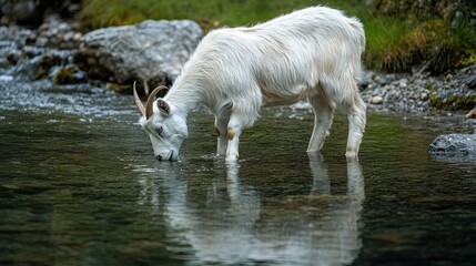 Obraz premium A Saanen goat standing by a flowing stream, the reflection of its white coat shimmering in the water as it takes a drink.