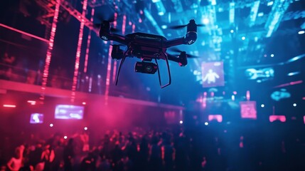 A camera-equipped drone flying above a crowd at a concert with vibrant purple stage lighting and large display screens in the background.