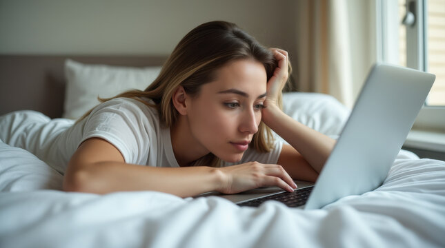 An attractive woman relaxing in bed while looking at her laptop. Her head is resting on her arm and her fingers are on the keyboard exploring the internet or messaging a friend