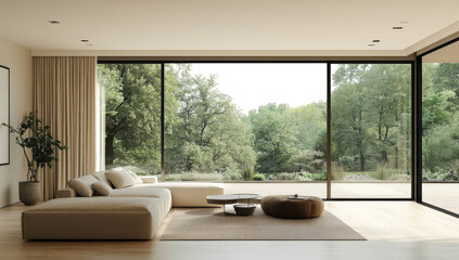 Fototapeta premium Modern luxury living room with glass walls, wooden floor, table and white sofa with forest view outside the house. Created with Ai