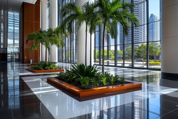 Fototapeta premium A sleek urban office building, with floor-to-ceiling windows, minimalist design, and sustainable architecture surrounded by green spaces