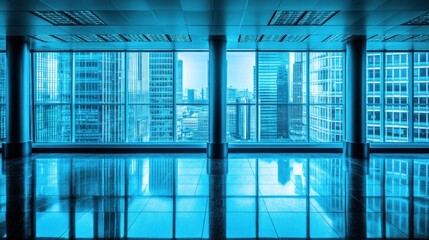 Modern office interior with large windows showcasing a cityscape.