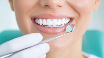 A dentist is examining patients yellow teeth with dental mirror, showcasing importance of oral health and hygiene. patient displays bright smile, reflecting confidence and care